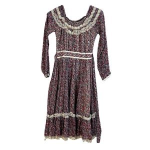Vintage Gunne Sax Size 3 Purple / Black Floral Midi Long Sleeve Dress